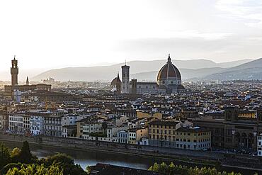 View of Florence from Piazzale Michelangelo, in the back the Cathedral of Santa Maria del Fiore, and the Town Hall Tower of Palazzo Vecchio, Florence, Tuscany, Italy, Europe