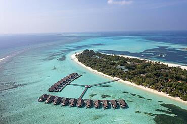 Aerial view, Asia, Indian Ocean, Maldives, Lhaviyani Atoll, Six Senses Kanuhura Island Resort, with beaches and water bungalows, Asia