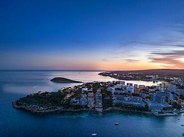 Aerial view, Nova Santa Ponca at dusk, Calvia Region, Mallorca, Balearic Islands, spain