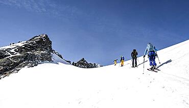 Ski tourers on the ascent, mountains in winter with snow, Stubai Alps, Tyrol, Austria, Europe