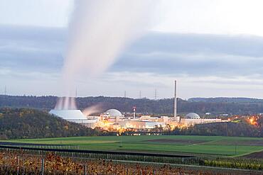 Neckarwestheim nuclear power plant, vineyard, vines, twilight, Neckarwestheim, Baden-Wuerttemberg, Germany, Europe