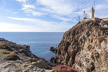 View of the Mesa de Roldan lighthouse in the Cabo de Gata National Park, Almeria province, Andalusia, Spain, Europe