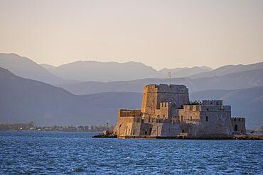 Evening atmosphere, Bourtzi Island Castle, Nafplio, Peloponnese, Greece, Europe