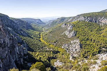 View into a valley with rock walls in the mountains, Peloponnese, Greece, Europe