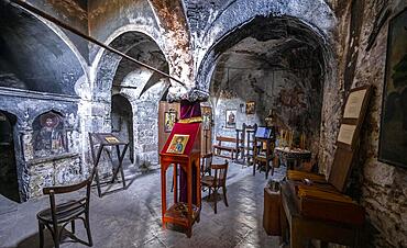 Interior with altar and ancient paintings, Old Byzantine Monastery of the Egg, Iera Moni Agiou Dimitriou Augou, Peloponnese, Greece, Europe