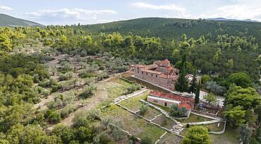 Aerial view, Moni Agnountos Monastery, Peloponnese, Greece, Europe