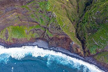 Aerial view at Miradouro da Raposeira, birds eye view of cliffs, coast and sea, coastal landscape, Madeira, Portugal, Europe