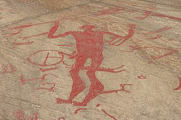 Rock carvings with figures, warriors, Bronze Age, Unesco World Heritage Site, Tanum, Bohuslaen, Sweden, Europe