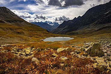 Mountain lake Lej Suvretta with Bernina group and Engadine mountains with cloudy sky, St Moritz, Engadine, Grisons, Switzerland, Europe