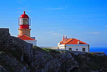 The lighthouse directly at the Cabo de Sao Vicente in the Algarve at the most south-western point of the European mainland, Portugal, Europe