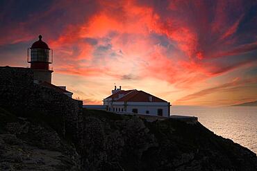 The lighthouse directly at the Cabo de Sao Vicente in the Algarve at the most south-western point of the European mainland, Portugal, Europe