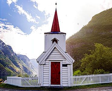 Scandinavias smallest stave church in Undredal on the Aurlandsfjord in Norway