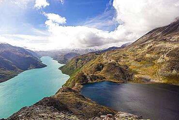 View of Lake Gjende and Bessvatnet from the Besseggen Ridge in Norway