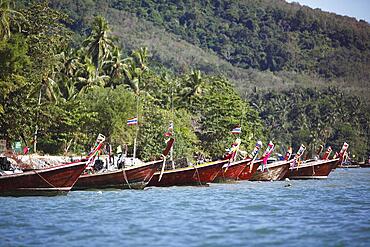 Longtail boats on the island shore, Koh Libong, Andaman Sea, Trang Province, Southern Thailand, Thailand, Asia