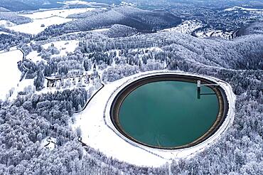 Pumped storage plant Glems of EnBW Kraftwerke AG, upper storage basin on the Swabian Alb, trees and forest are covered with hoarfrost, Eningen, Baden-Wuerttemberg, Germany, Europe