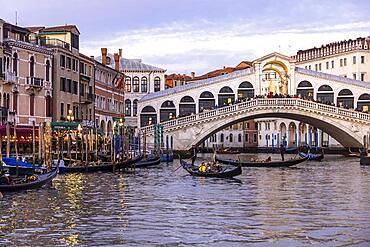 Evening atmosphere on the Grand Canal, Rialto Bridge, Venice, Italy, Europe