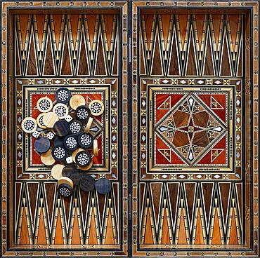 Wooden chess backgammon game, oriental design, handicraft from Damascus, playing field complete with playing pieces