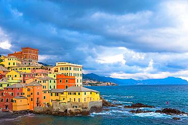 GENOA, ITALY - CIRCA AUGUST 2020: Boccadasse marina panorama, village on the Mediterranean sea with colourful houses