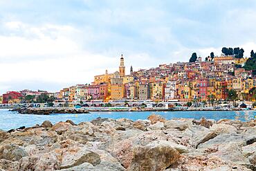 Menton, France - circa August 2021: view of the French Riviera, named the Coast Azur, located in the South of France. Sunrise light