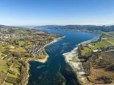 The outflowing Lake Constance, called Lake Rhine, on the left the Hoeri peninsula with the German municipality of Oehningen, on the right the Swiss municipality of Eschenz and Mammern, Canton Thurgau, Switzerland, Europe