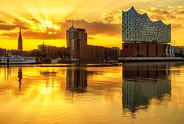 Elbe Philharmonic Hall Hamburg at sunrise with Elbe reflection