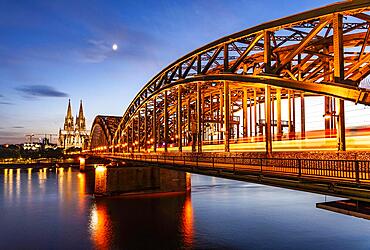 Hohenzollern Bridge and Cologne Cathedral at Blue Hour, Rhine, Cologne, North Rhine-Westphalia