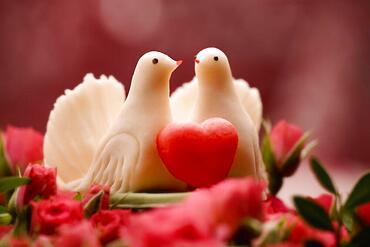 Two white doves with a small red heart