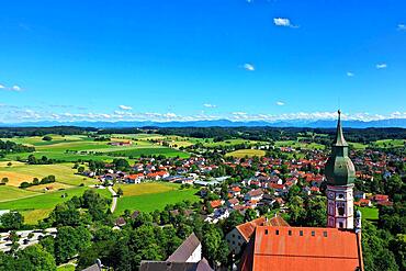 Aerial view of Andechs Monastery with the Alps in the background. Andechs, Starnberg, Upper Bavaria, Bavaria, Germany, Europe