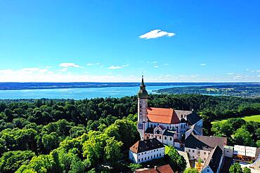 Aerial view of Andechs Monastery with the Lake Ammer lake in the background. Andechs, Starnberg, Upper Bavaria, Bavaria, Germany, Europe