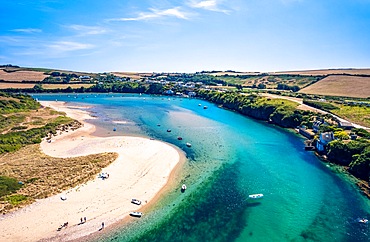 Aerial view of Bantham Beach and River Avon from a drone, South Hams, Devon, England, United Kingdom, Europe