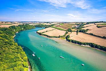 Aerial view of Bantham Beach and River Avon from a drone, South Hams, Devon, England, United Kingdom, Europe