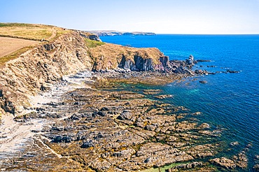 Aerial view of Bantham Beach and River Avon from a drone, South Hams, Devon, England, United Kingdom, Europe