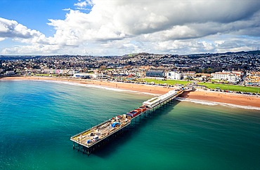 Aerial view of Paignton Pier and Beach from a drone, Paignton, Devon, England, United Kingdom, Europe