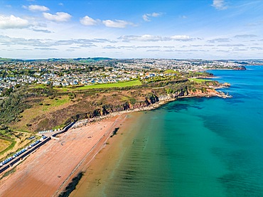 Armchair Cove and Broadsands Beach from a drone, Paignton, Devon, England, United Kingdom, Europe