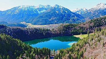 Video of the approach to the Alatsee with mountain panorama, Allgaeu, Bavaria, Germany, Europe