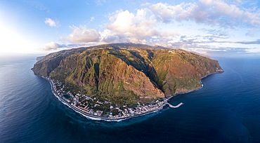 View over the island, aerial view, coast with cliffs, houses below, Paul do Mar, Madeira, Portugal, Europe