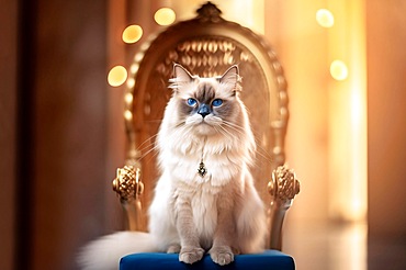 White long haired Ragdoll cat with white fur and blue eyes sitting on throne. Generative AI