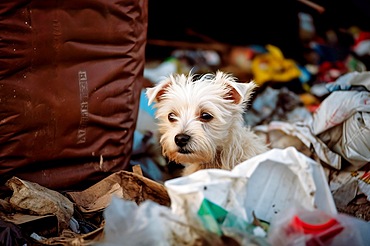 Sad small dog abandoned between trash in dumpster. Generative AI