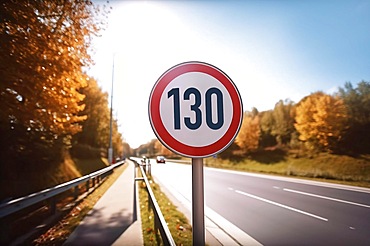 Speed limit road sign of 130 khm on German Autobahn street. Generative AI