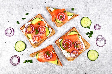 Top view of slices of healthy wholegrain toast bread topped with smoked salmon fish, red onions and spring onions and cucumber on horseradish