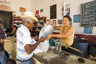 Grocery store. The groceries are distributed to the Cubans on meal cards, Trinidad, Cuba, Cuba, America, Central America