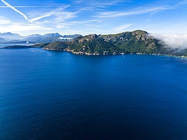 Aerial view, Spain, Balearic Islands, Port de Pollenca, Formentor Peninsula with Formentor Beach, Hotel Royal Hideaway Formentor formerly Hotel Formentor, Cala Pi de la Posada, Illa del Geret, Europe