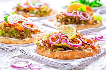 Greek gyros meat with pita flat bread, vegetables and onions and Tzatziki dip on white background