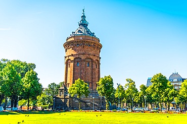 Mannheim Water Tower, touristic attraction and famous landmark with public park in Mannheim, Germany, Europe