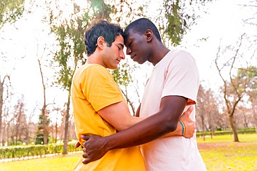 Lgbt concept, couple of multiethnic men in a park in a romantic pose