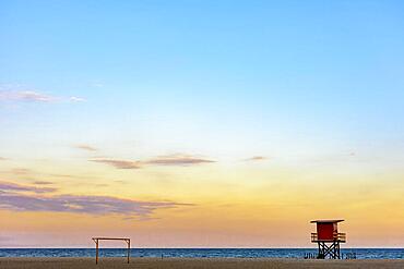 Rescue cabin on Copacabana beach at a tropical sunset on Rio de Janeiro city, Brazil, Brasil, South America