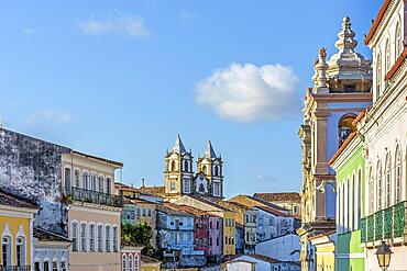 Colorful houses and churches in Pelourinho in the historic center of Salvador, Bahia, Brasil