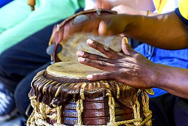 Musician playing a rudimentary percursion instrument called atabaque during afro-brazilian capoeira cultural manifestation, Brasil