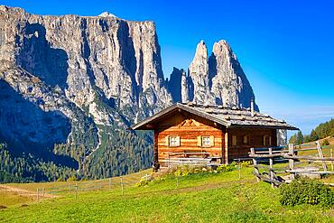 Alpine hut on the Alpe di Siusi, Sciliar, Dolomites, South Tyrol, Italy, Europe