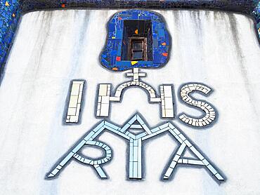 IHS, Mosaic on the Parish Church of St. Barbara by Friedensreich Hundertwasser, 1988, Baernbach, Styria, Austria, Europe